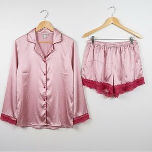 Inbloom by Jonquil Pink Satin Pajama Set with Red Lace